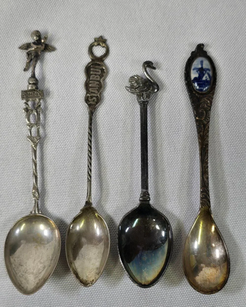 Vintage Silver Plated Souvenir Spoons Set of 4 - Pompei Istanbul Swan Windmill